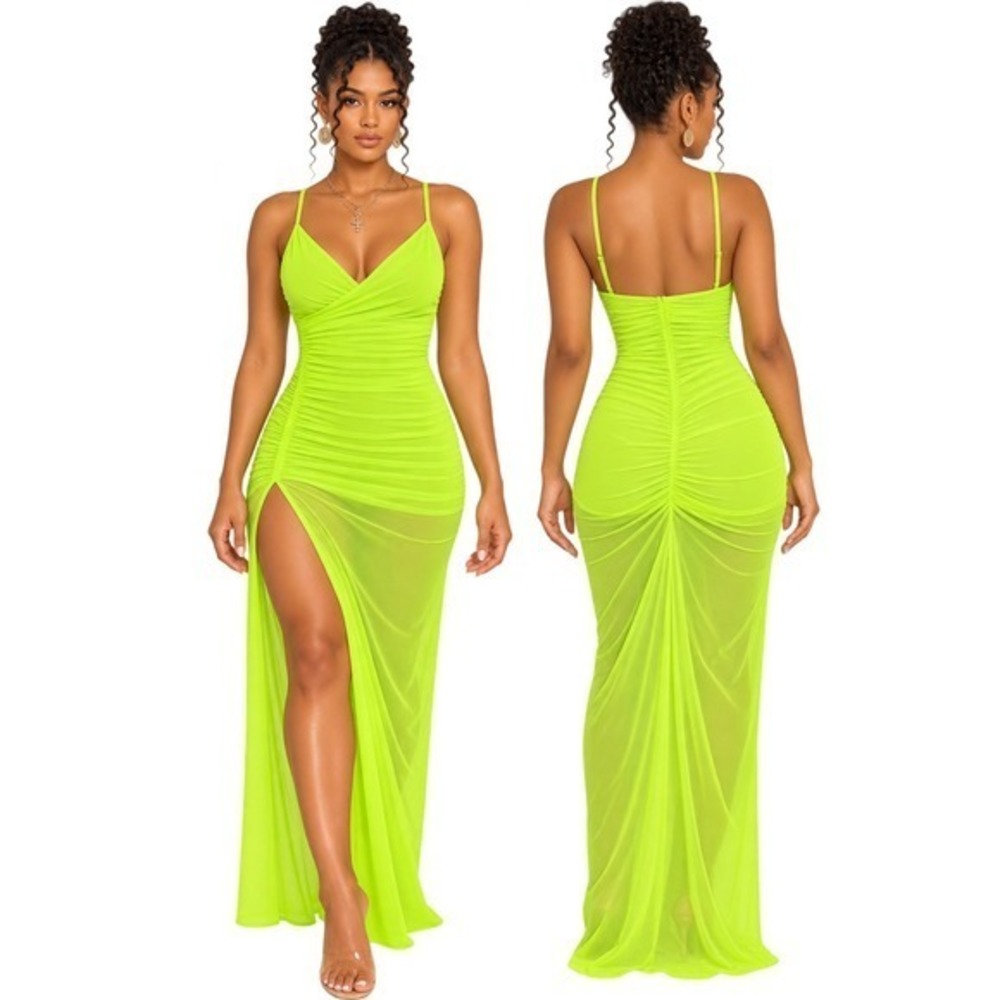 Spring Haze Neon Lime Green Ruched Mesh High Slit Maxi Dress SHD4002 Large